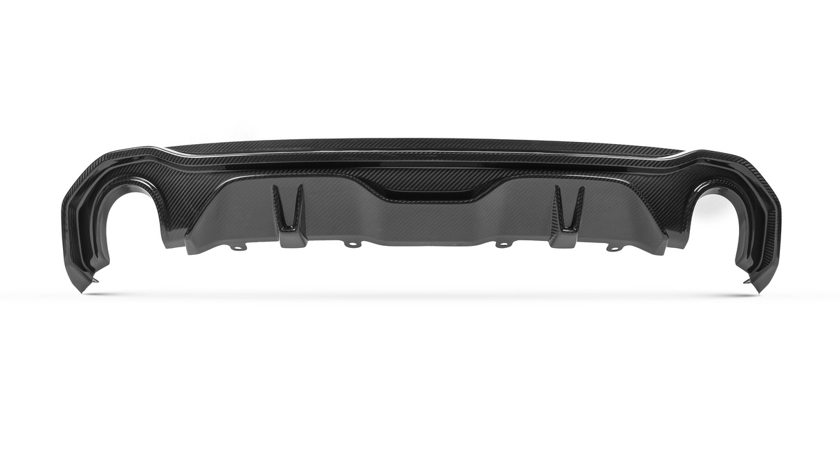 Carbon fiber car rear diffuser, featuring aerodynamic contours and cutouts, placed against a plain white background.