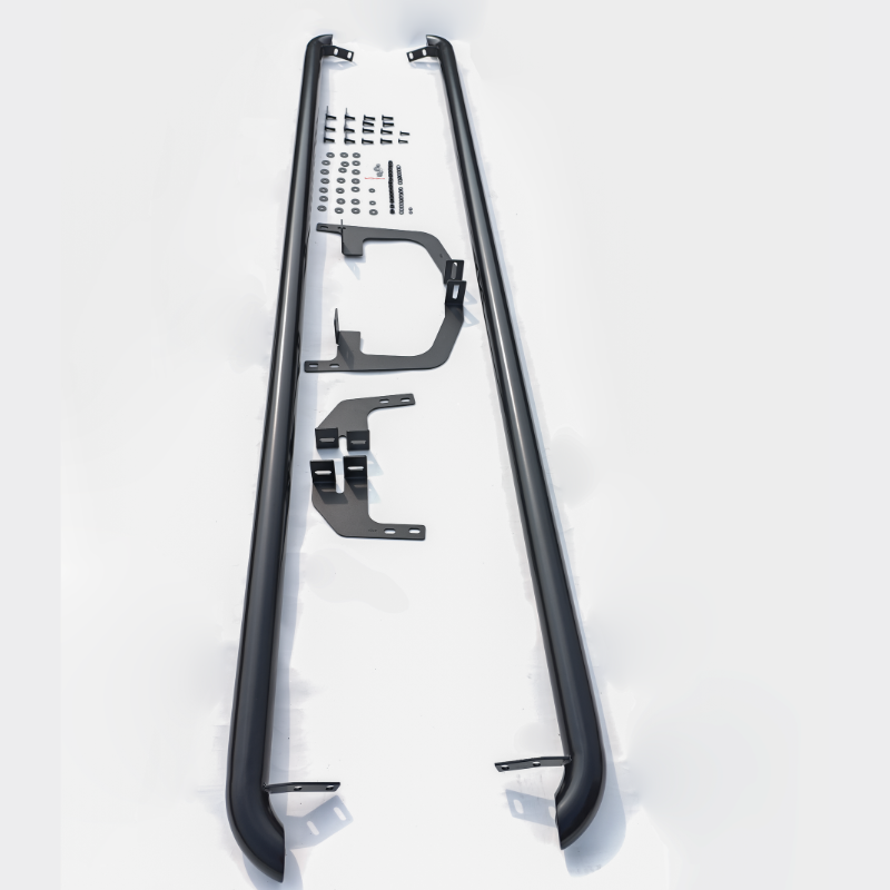 Two black metal sidebars with mounting brackets and assorted screws are laid out on a white surface, forming a complete set for vehicle installation.