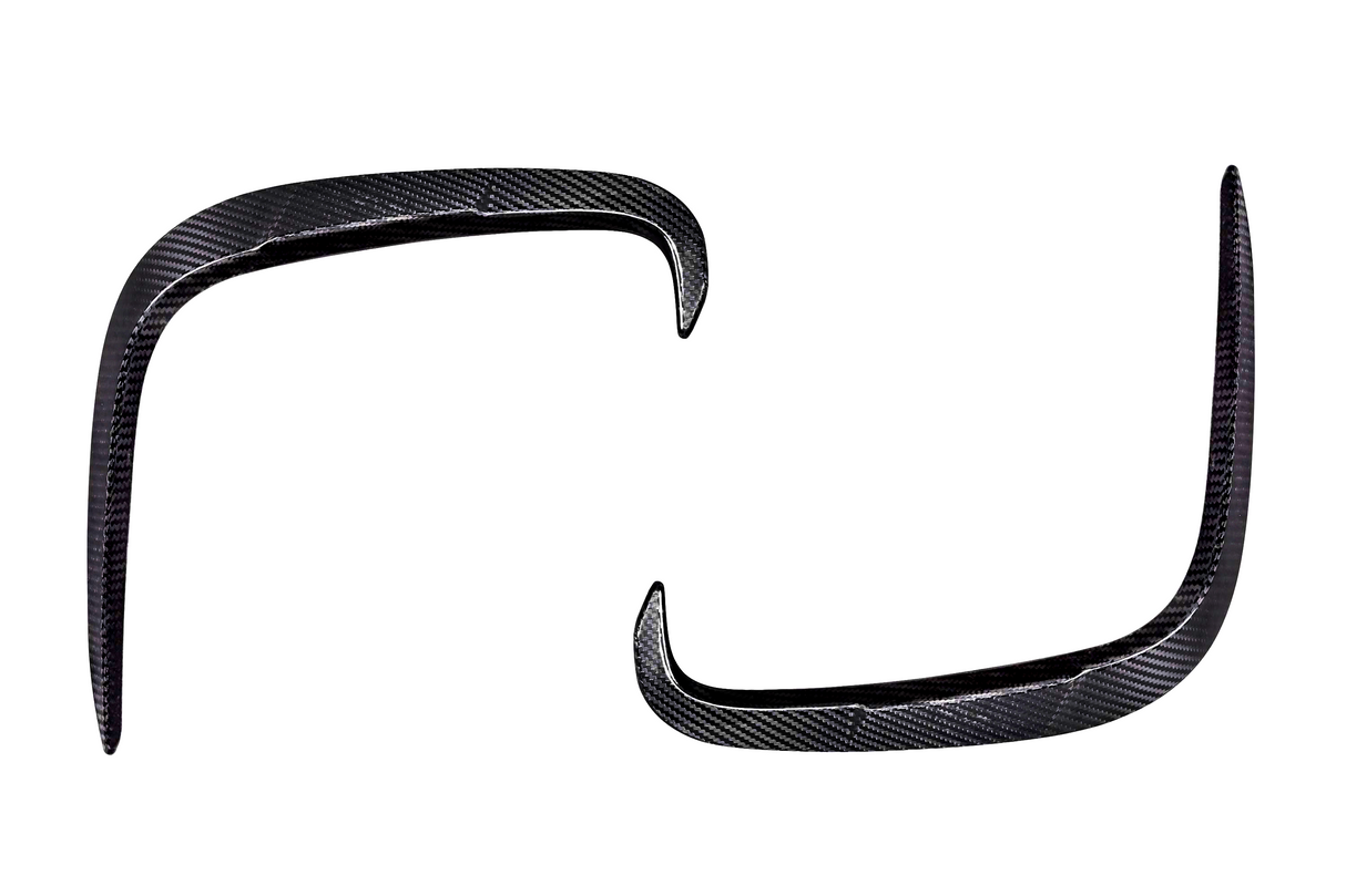 Two carbon fiber car accessories, shaped like elongated curved hooks, are set against a plain white background, highlighting their sleek, glossy texture and intricate pattern.