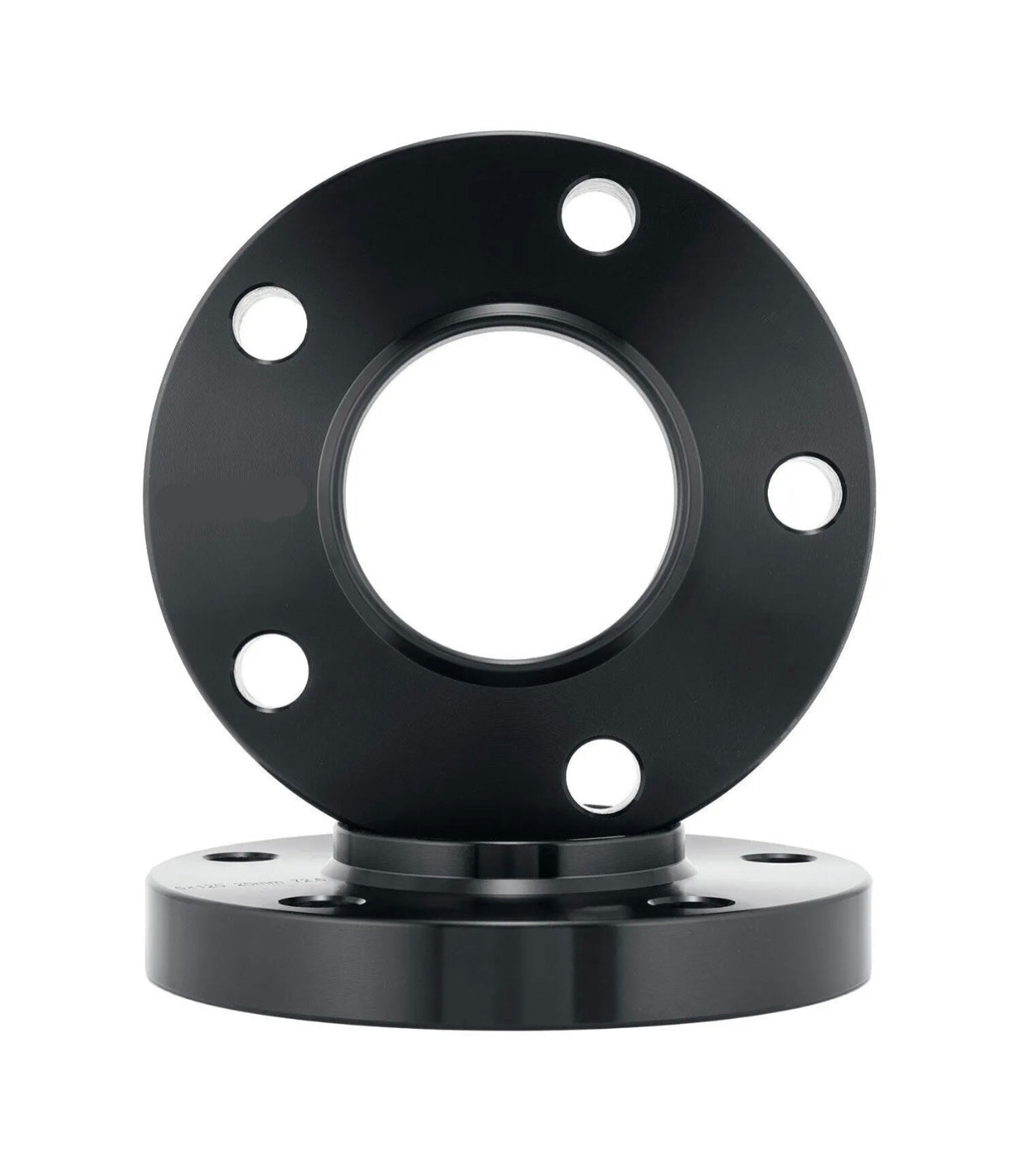 Black metal flange with a circular shape, featuring four evenly spaced bolt holes, rests vertically on another identical flange. The background is plain white, highlighting the object.