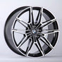 A black and silver multi-spoke alloy car wheel with a BMW logo is positioned upright against a plain white background, showcasing a sleek, modern design.