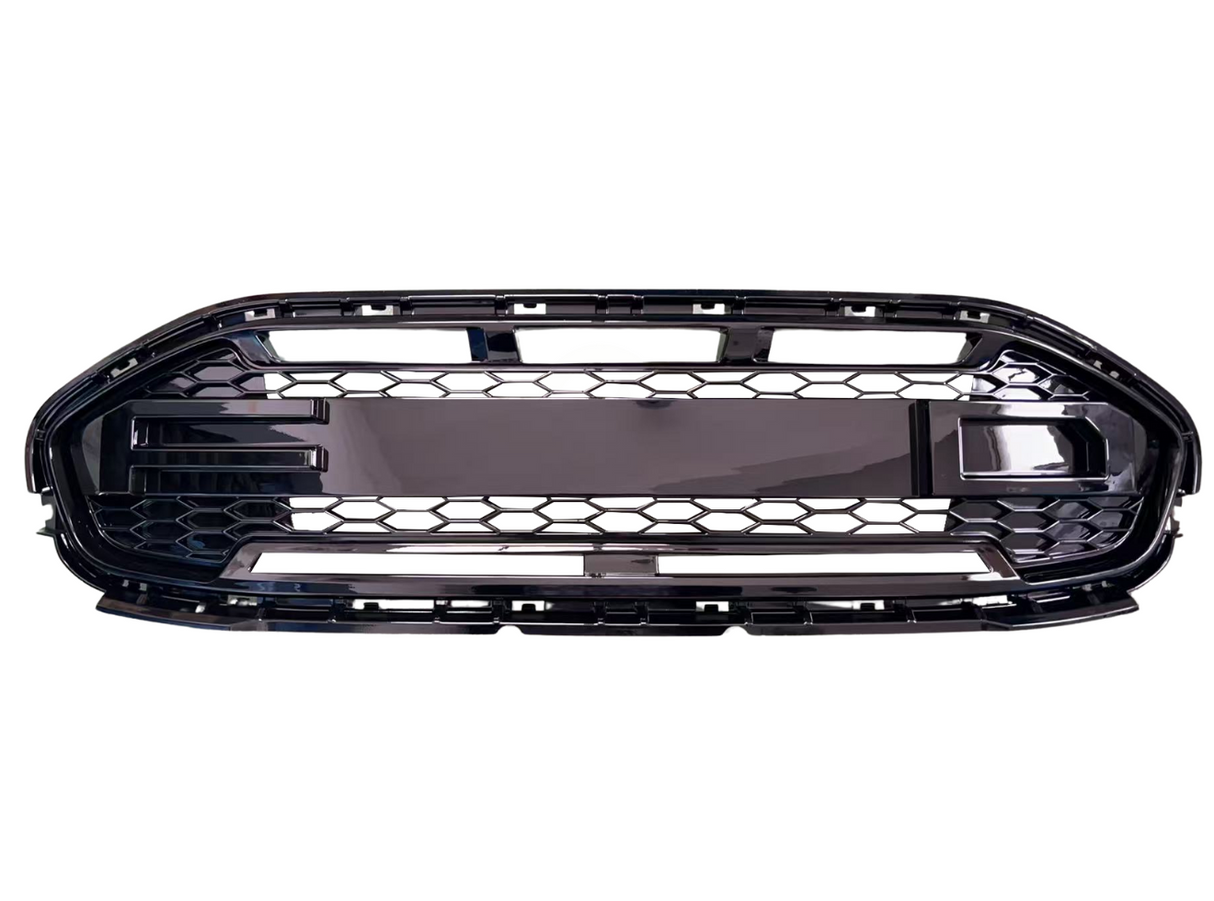 Black car grille with a hexagonal mesh pattern, featuring a glossy finish and rectangular frame, positioned against a plain white background.