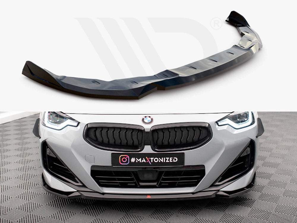 A black car front splitter sits positioned for attachment. Below, a gray BMW car features an installed splitter on a checkered floor. The text reads "#MAXTONIZED."