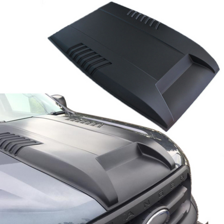 A matte black car hood with aerodynamic vents is displayed separately and installed on a dark vehicle, enhancing its sporty appearance. The word "Ranger" is visible on the vehicle's grille.