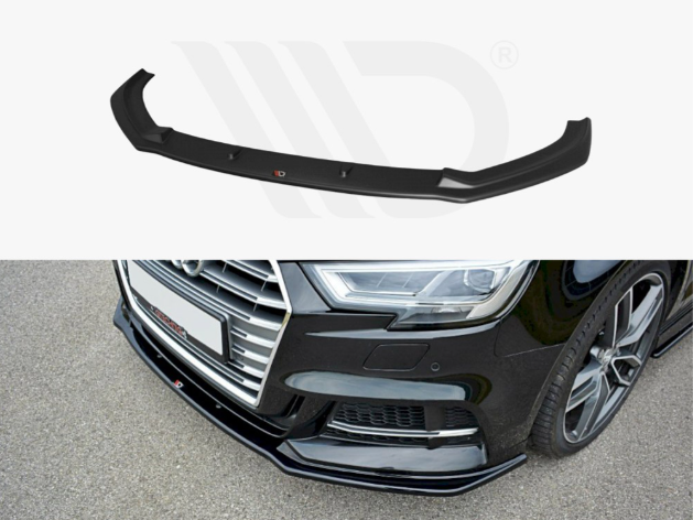 A black car front splitter, featuring aerodynamic contours, is shown separately and installed on a dark vehicle, enhancing its appearance and performance on a paved surface.