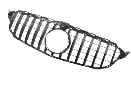 Black car grille with vertical bars and central circular opening; displayed on a white background.