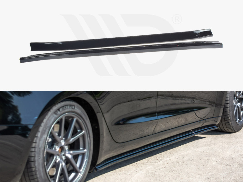Two black side skirts are shown in the upper image. In the lower image, one is attached to the side of a parked black car with alloy wheels on a concrete surface.