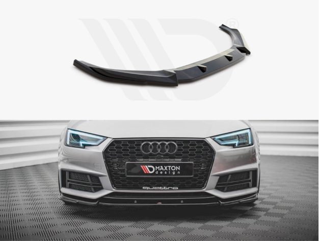A black front bumper lip spoiler is shown separately above a silver Audi car with LED headlights parked in a patterned garage. Visible texts are "MAXTON design" on the license plate area and "quattro" below.