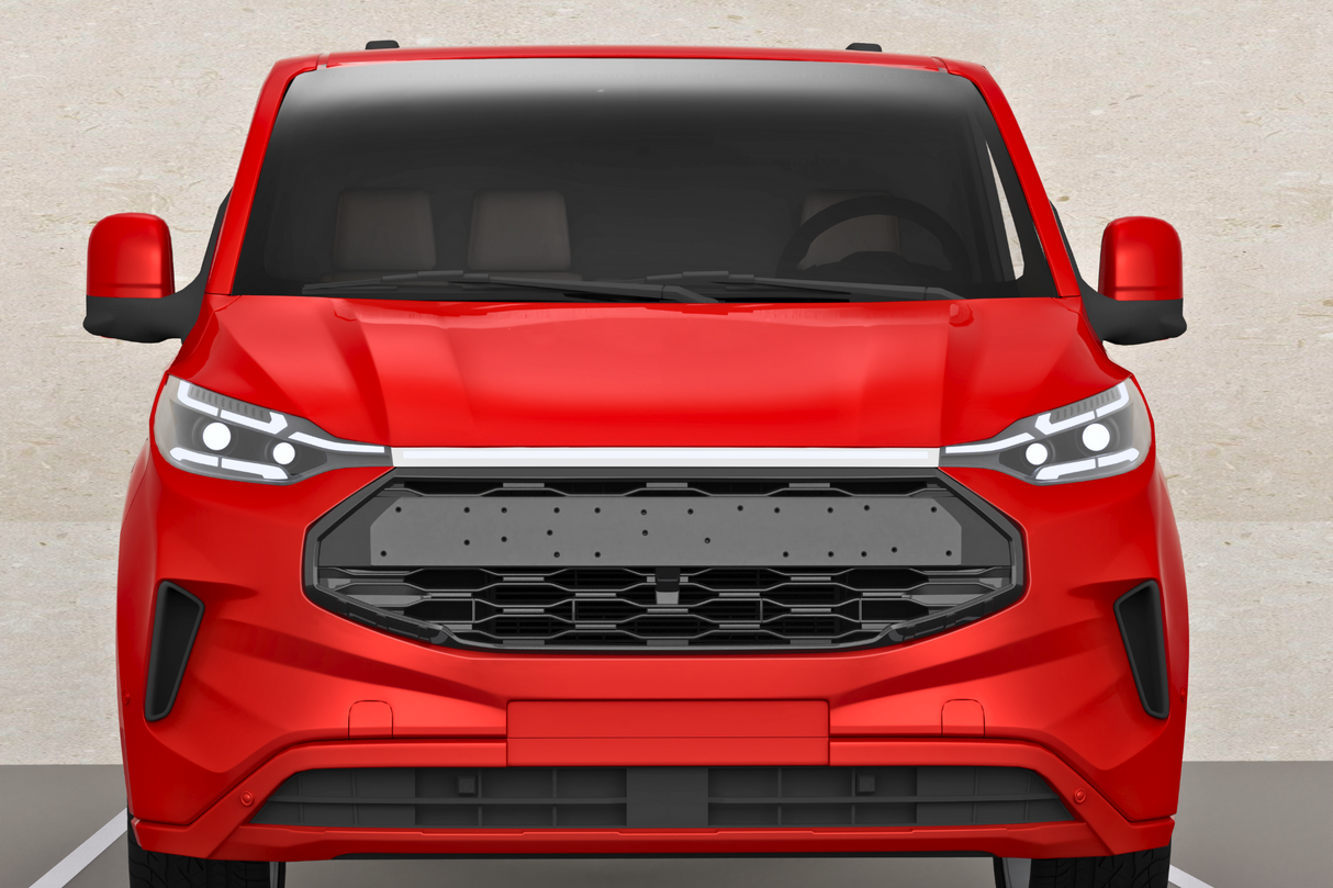 A red vehicle is parked in a parking space, with its front view showing a modern grille design and LED headlights, against a plain beige wall.