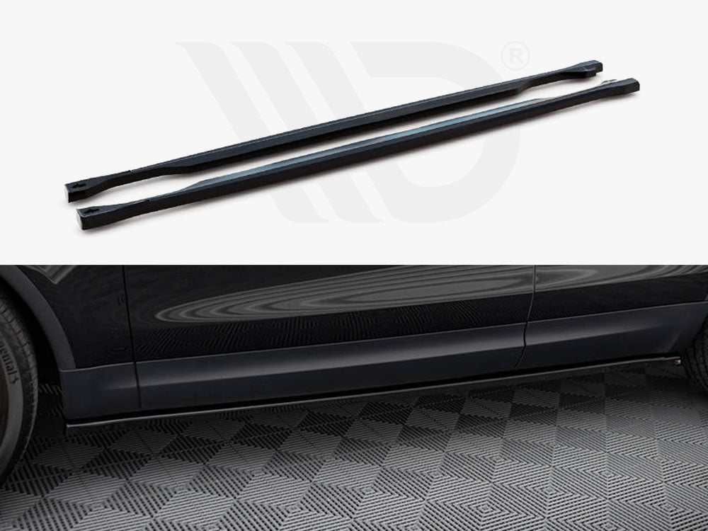 Two black side skirts lie parallel on a light background. Below, they're installed on a car's lower side, parked on a patterned floor.