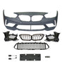 A collection of automotive parts includes a bumper cover, radiator grilles, and mounting brackets arranged on a plain background, suggesting components for vehicle front-end assembly.