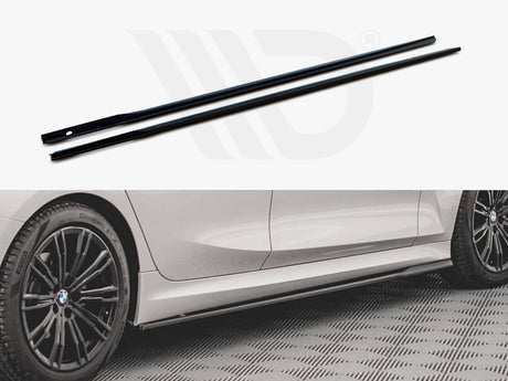 Two slim black car side skirts lie parallel on a white surface. Below, a white car with black alloy wheels displays the skirts attached, set on a patterned floor.