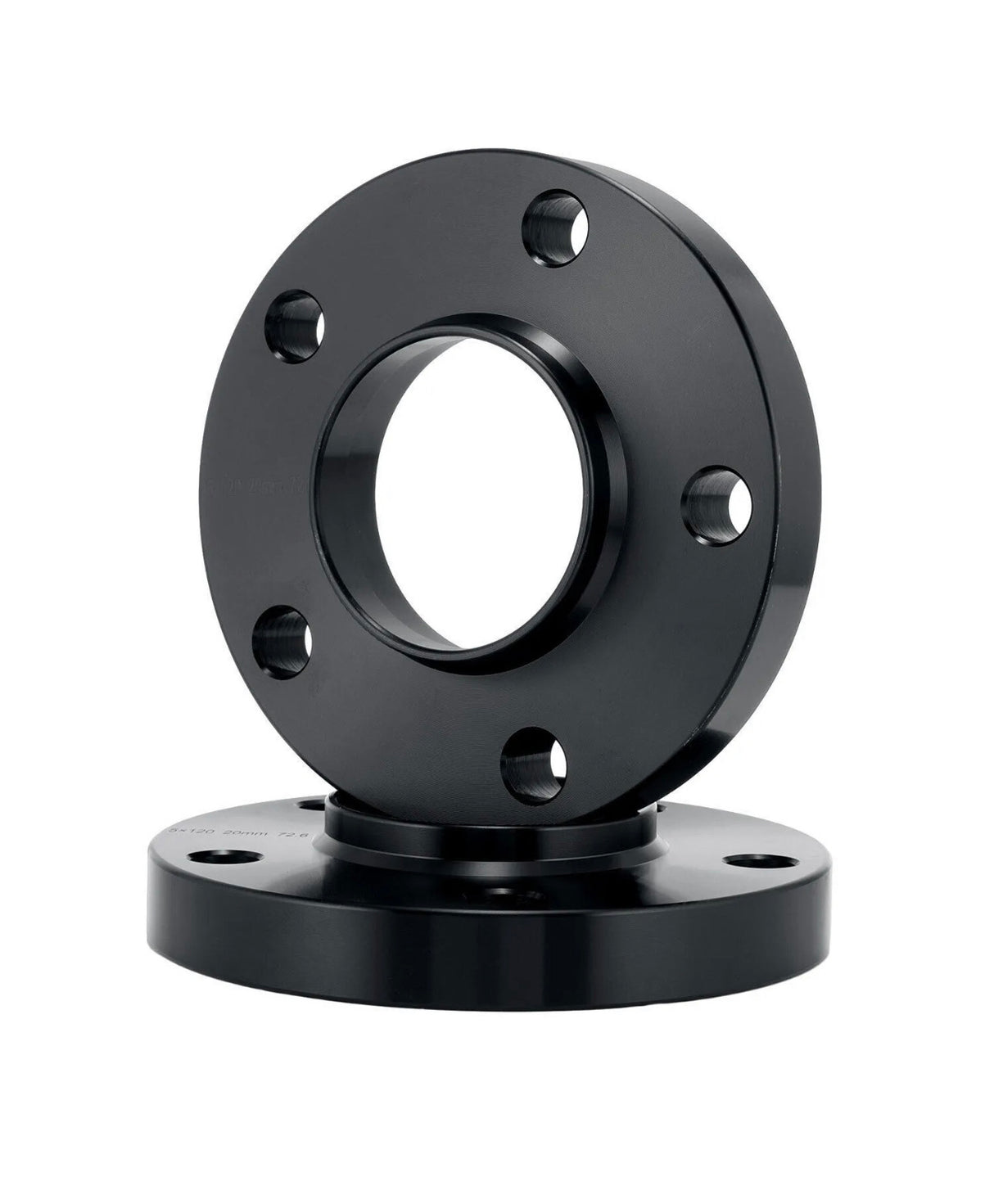 A black cylindrical flange, featuring multiple evenly spaced bolt holes, is positioned vertically on another similar flange, set against a plain white background.