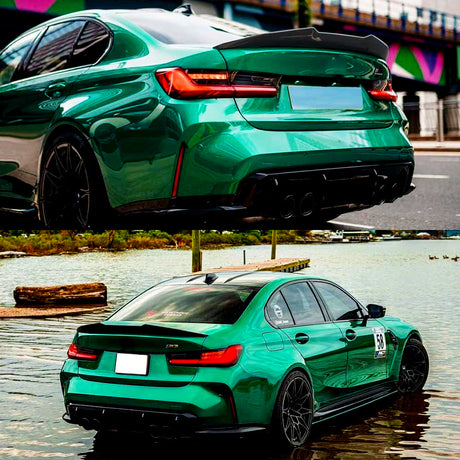 A green sports car is parked, displaying dual exhausts and black wheels. It is situated near water with a city backdrop. Text includes "58" on the side and "G82AA" on the window.