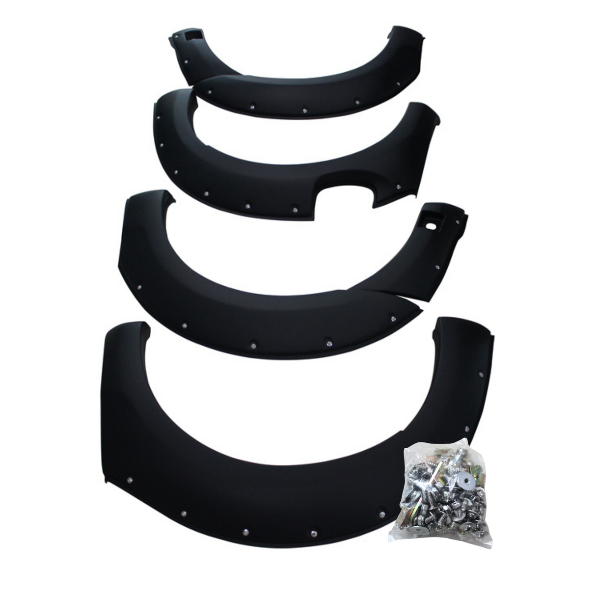 Four black fender flares with rivets lay arranged in a descending order, accompanied by a clear plastic bag filled with bolts and screws on a white background.