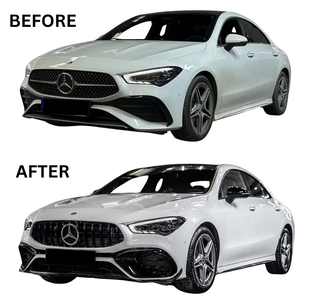 Two images of a white car, labeled "BEFORE" and "AFTER," showcase changes. The "BEFORE" car has a simpler front grille, while the "AFTER" car features a more elaborate grille design.