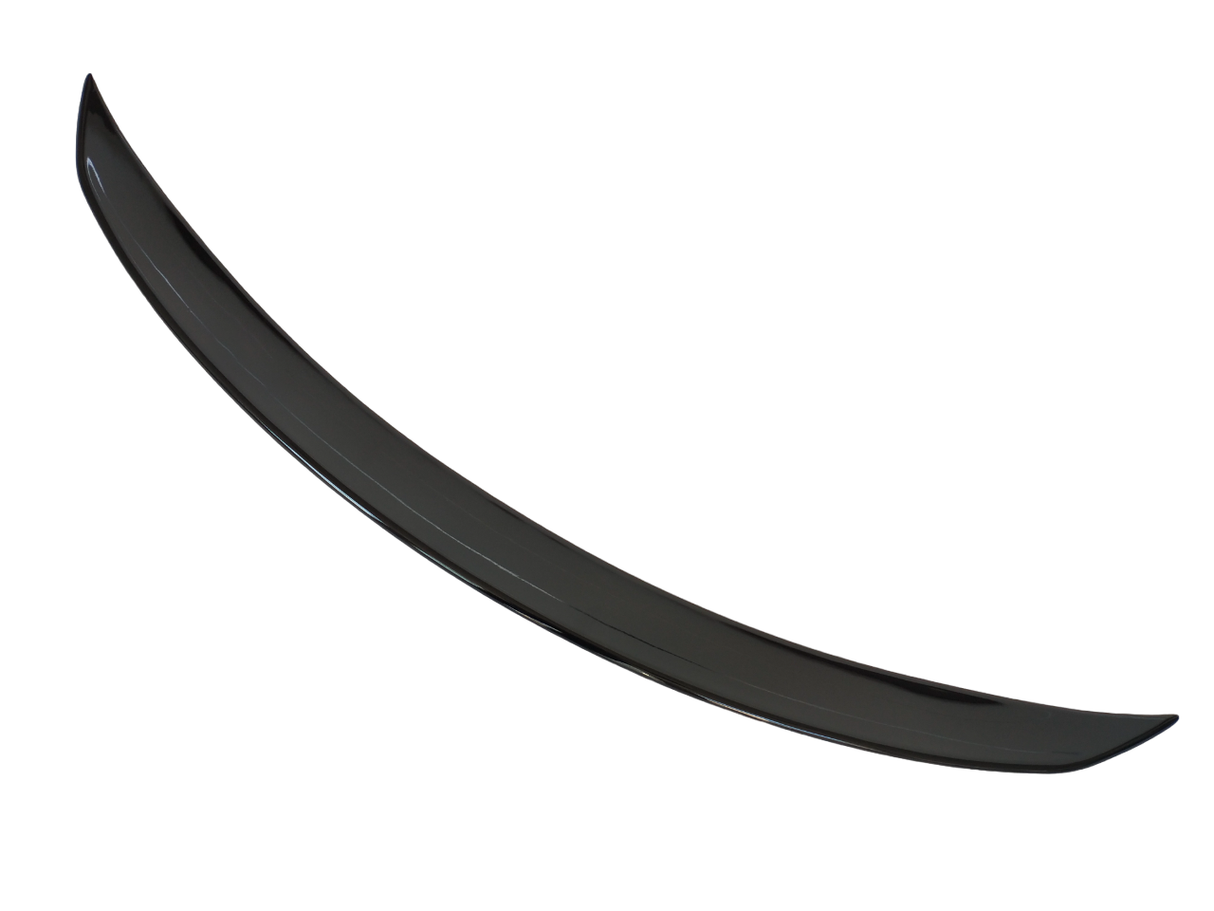 A sleek, black car spoiler curves gracefully, isolated against a white background, showcasing its aerodynamic design.