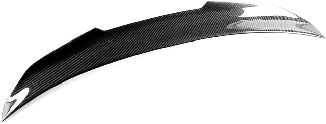 A sleek, black carbon fiber car spoiler with a glossy finish rests against a plain white background, showcasing its aerodynamic design and subtle texture in detail.