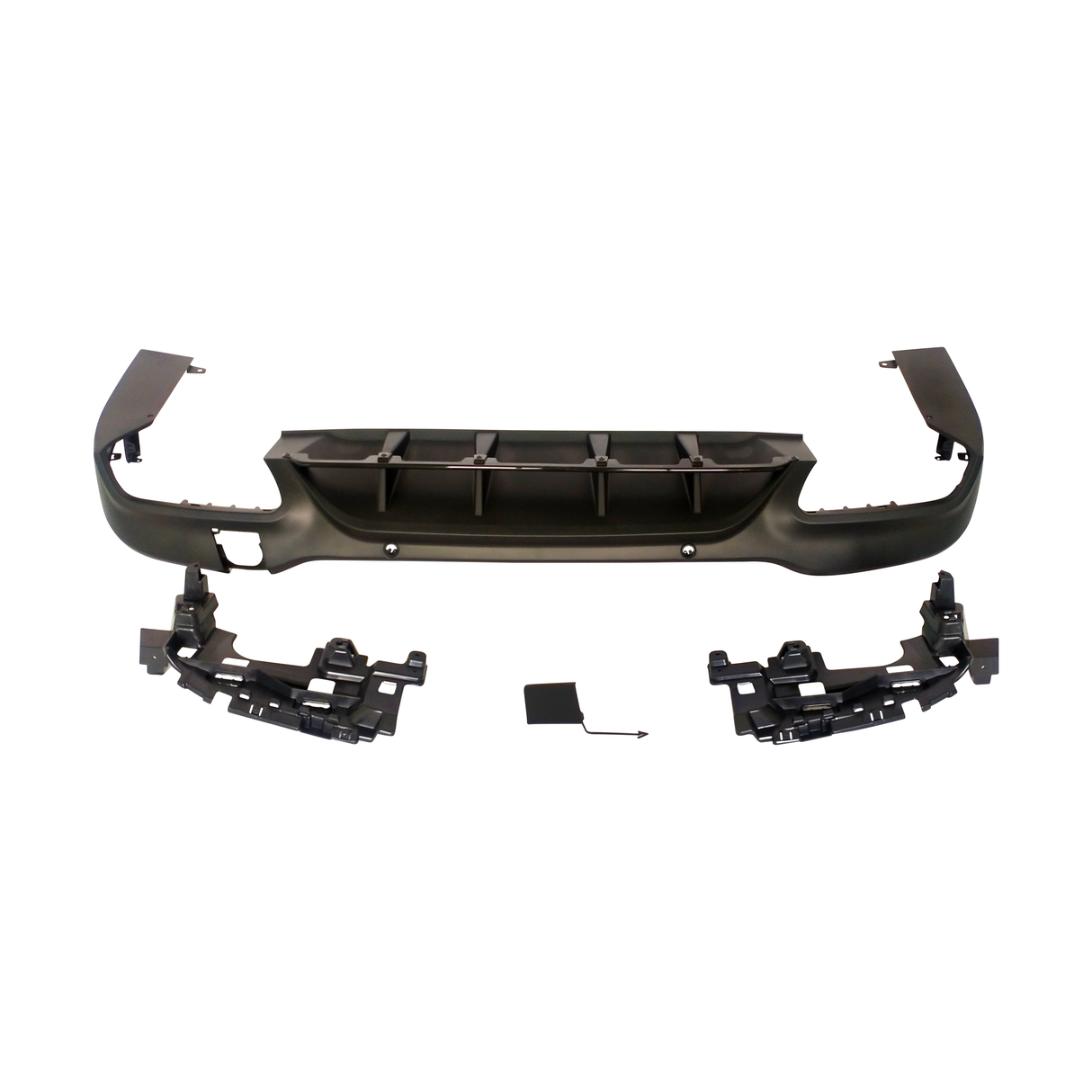 A car bumper assembly lies disassembled, organized neatly on a white background, featuring the main bumper piece, two brackets, and a small rectangular cover with an attached arrow.