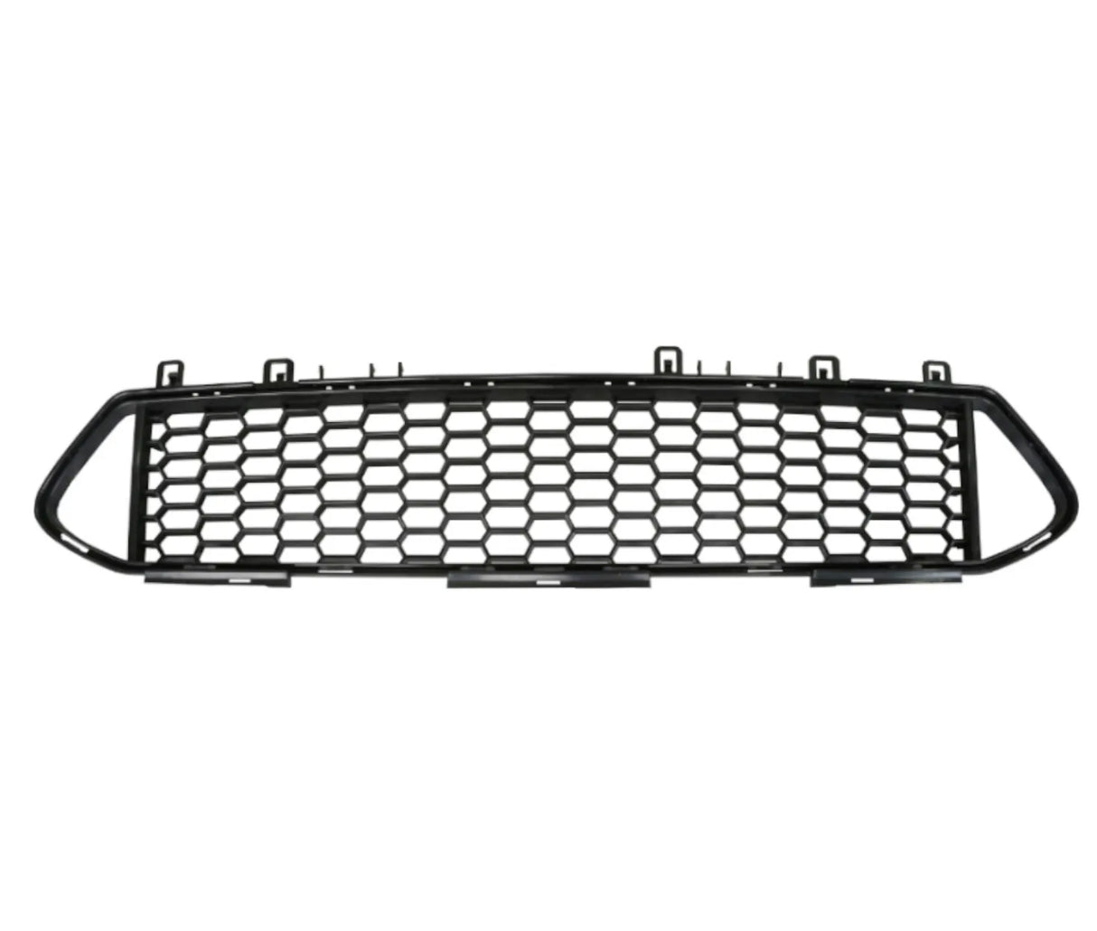 Black hexagonal mesh car grille, resting horizontally, featuring multiple mounting tabs, against a plain white background.