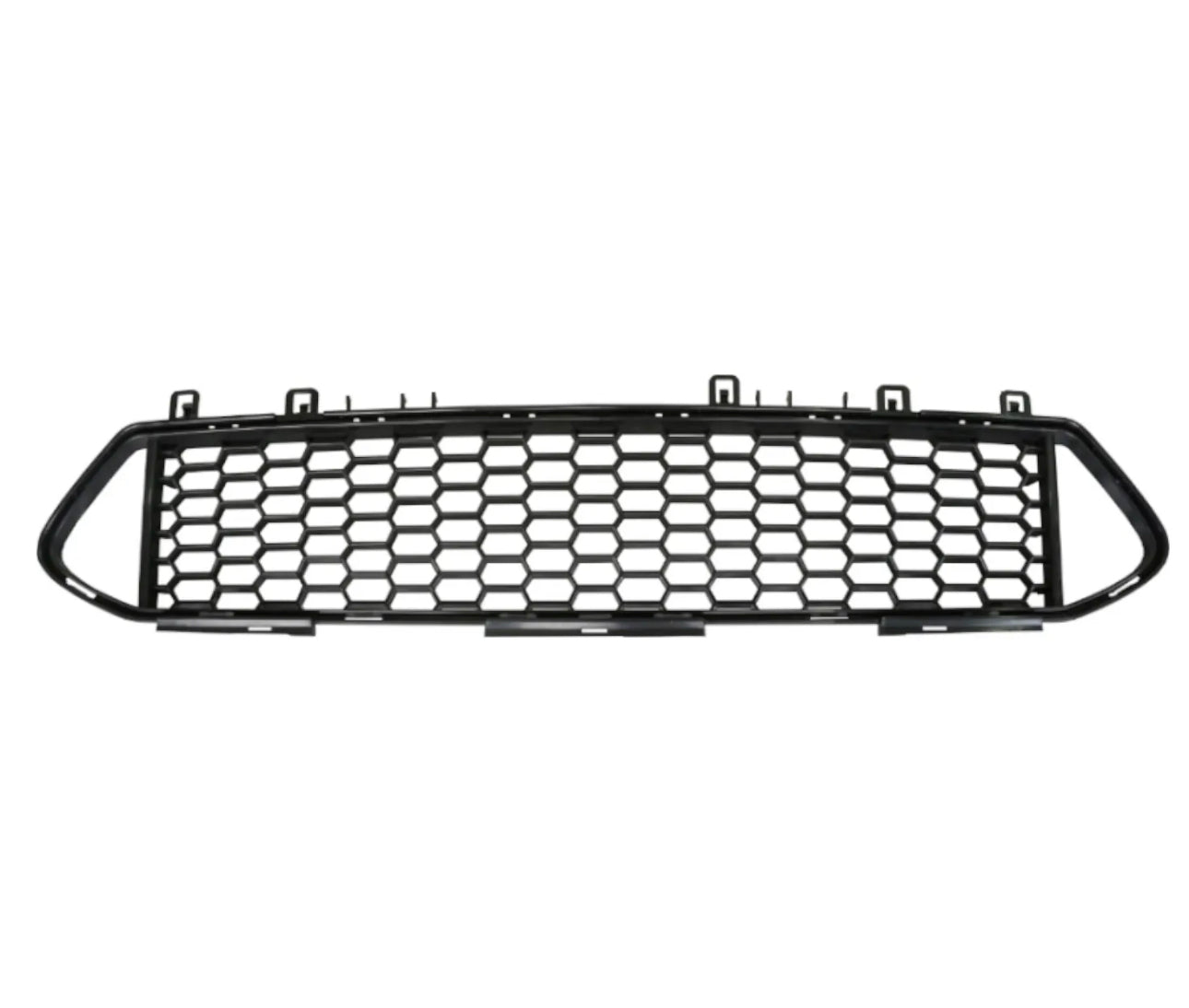 Black hexagonal mesh car grille, resting horizontally, featuring multiple mounting tabs, against a plain white background.
