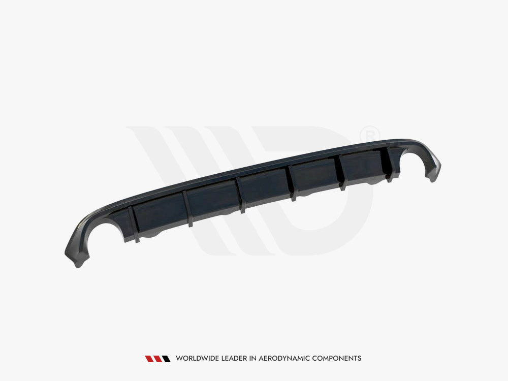 A black car diffuser with vertical fins rests against a white background. Text below reads, "WORLDWIDE LEADER IN AERODYNAMIC COMPONENTS."