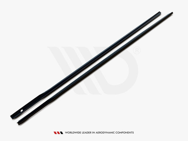 Two long, slender black rods lie parallel on a light background. The lower rod has a hole near one end. Text reads: "WORLDWIDE LEADER IN AERODYNAMIC COMPONENTS."