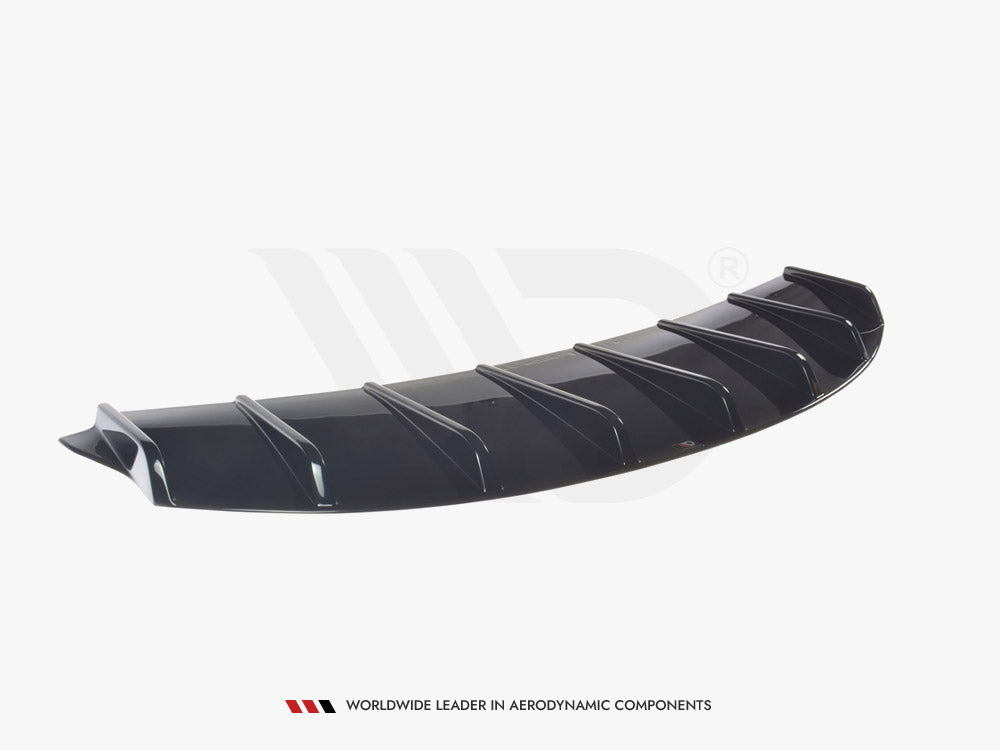 A black aerodynamic car diffuser, featuring multiple vertical fins, rests on a plain white background. Text: "WORLDWIDE LEADER IN AERODYNAMIC COMPONENTS" appears below the object.