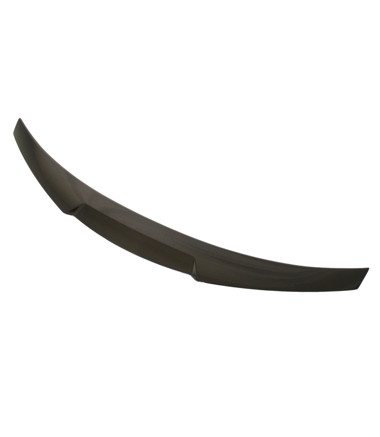 A black, curved car spoiler is resting against a plain white background. The smooth, aerodynamic design is highlighted, offering a sleek appearance without any additional elements or text present.