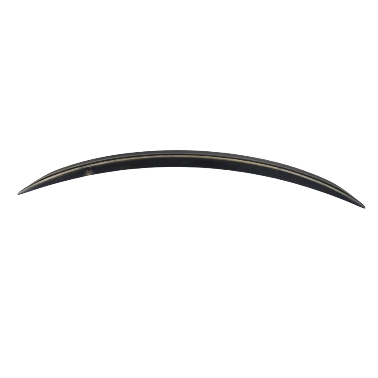 A sleek, curved, black object resembling a boomerang or crescent sits on a white background. It appears smooth and glossy, contrasting sharply with its plain surroundings.