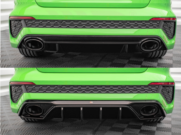 Two rear views of a green car showcase different bumper designs. The top image features a plain bumper, while the bottom includes an aggressive diffuser with multiple vertical fins. The floor is a patterned black mat.