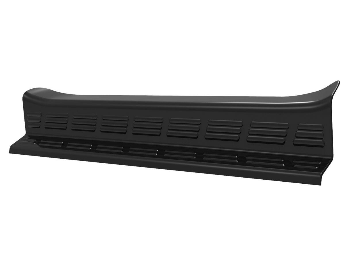 A black car side skirt, featuring horizontal vent-like indentations, is isolated against a white background.