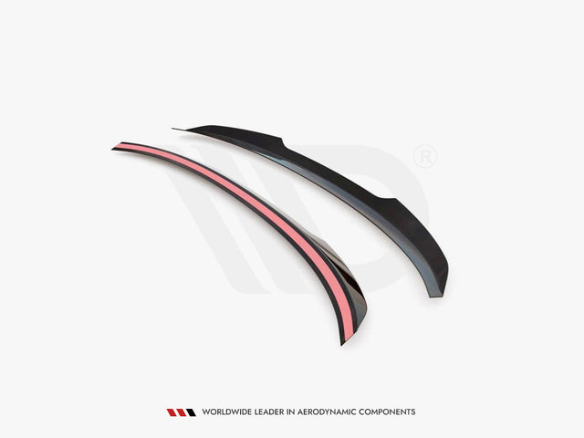 Two aerodynamic car spoiler extensions, one with a pink strip, are displayed on a white background. Text reads: "WORLDWIDE LEADER IN AERODYNAMIC COMPONENTS."