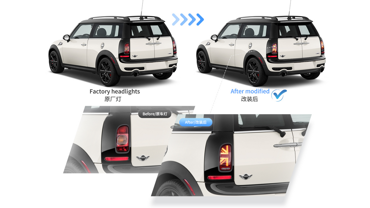 Car shows changed tail lights, from standard to modified ones with a Union Jack design. Text: "Factory headlights 原厂灯" and "After modified 改装后". Image highlights before and after.