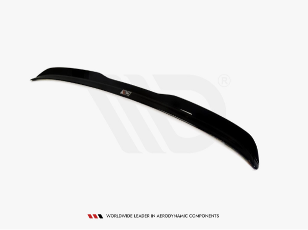 A sleek, black aerodynamic car spoiler is displayed on a white background. Text reads: "Worldwide leader in aerodynamic components." A logo with stylized "ADV" is visible on the spoiler's surface.