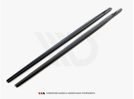 Two black, elongated wiper blades are positioned parallel on a white background. Text beneath reads: "WORLDWIDE LEADER IN AERODYNAMIC COMPONENTS."