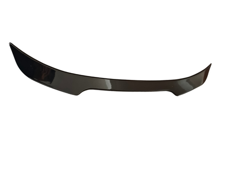 A black, glossy car spoiler is displayed, slightly curved upward at both ends, against a plain white background.