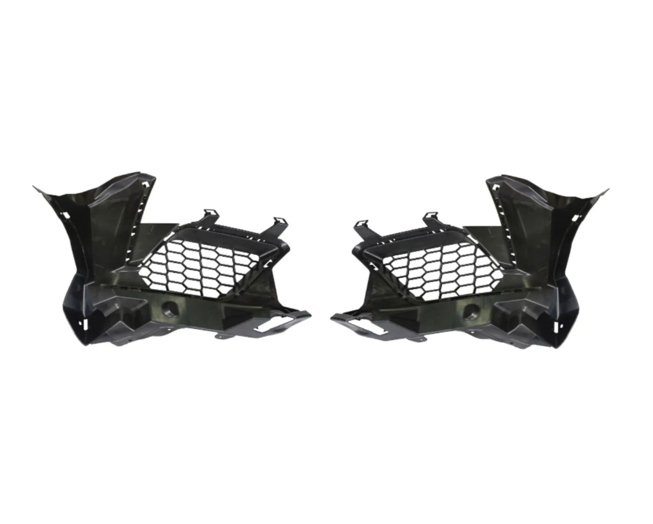 Two black plastic car components with honeycomb cutouts are symmetrically positioned. They have angular designs, suggesting automotive parts, likely for ventilation or structural support. Plain white background.