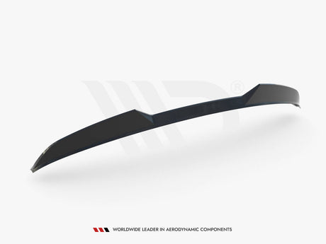 A sleek black aerodynamic spoiler, displayed on a white background, slightly curved with sharp edges. Text below reads: "WORLDWIDE LEADER IN AERODYNAMIC COMPONENTS".