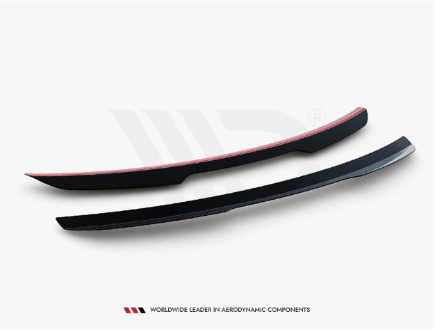 Two black aerodynamic car components with red accents rest parallel on a white background. Below them, text reads: "WORLDWIDE LEADER IN AERODYNAMIC COMPONENTS."