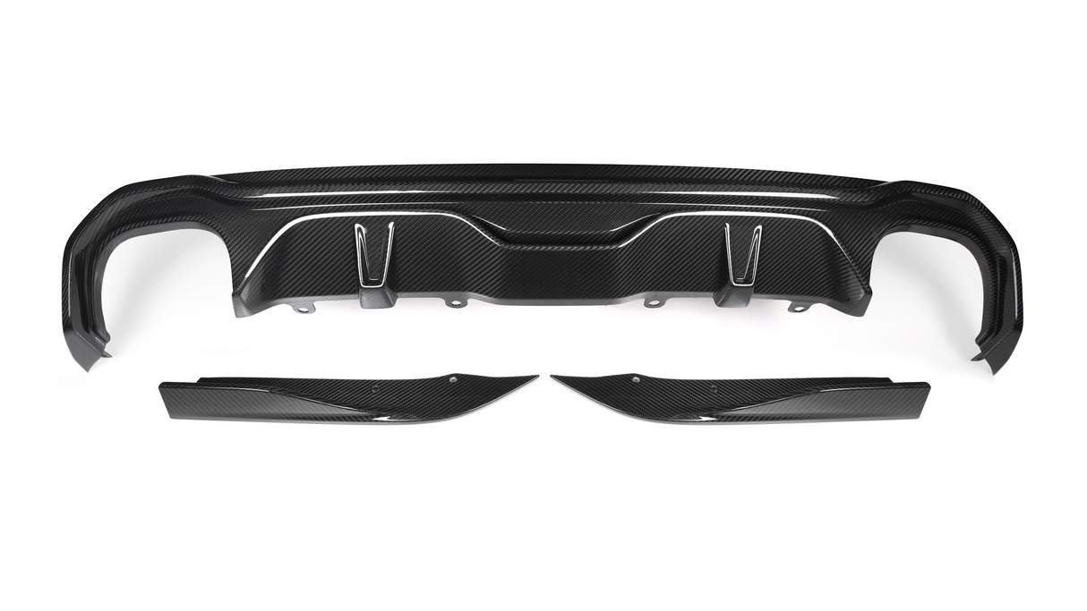 A black carbon fiber car bumper diffuser set rests on a white background, featuring aerodynamic contours and mounting points, showcasing its lightweight and sporty design.