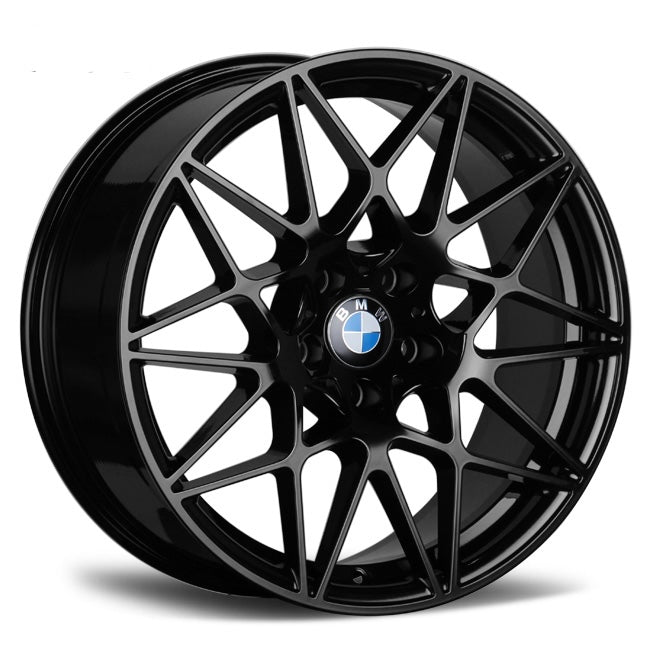 Black alloy wheel with a multi-spoke design, featuring a BMW logo at the center, standing against a white background.