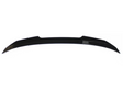 A sleek, black car spoiler is shown against a plain white background. It has a curved, aerodynamic design with pointed ends.