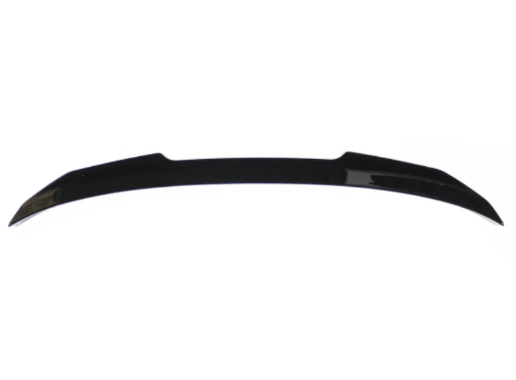 A sleek, black car spoiler is shown against a plain white background. It has a curved, aerodynamic design with pointed ends.