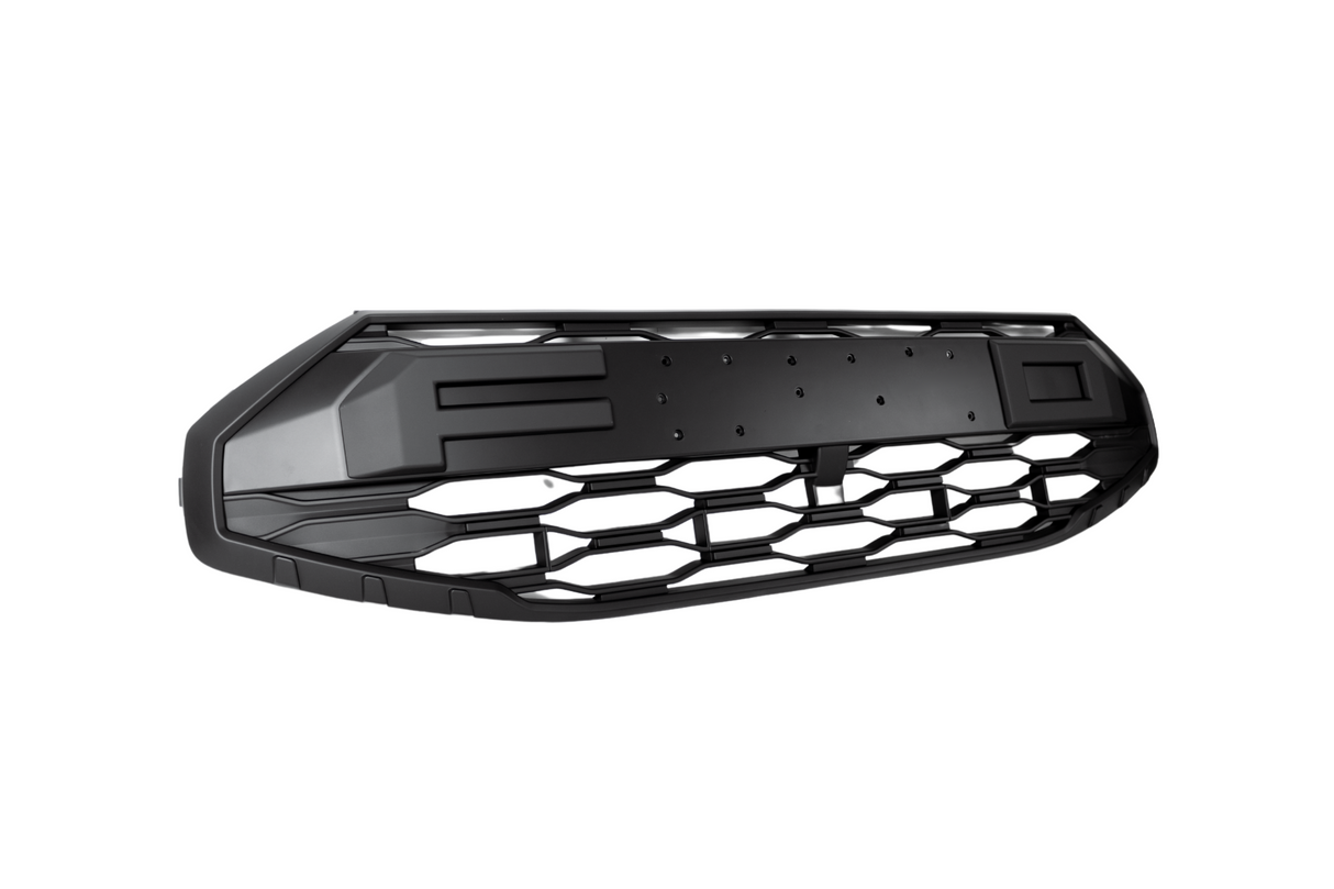 A black hexagonal-patterned car grille with a license plate holder, resting against a plain white background. It's designed for vehicle front-end integration.