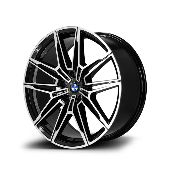 A black and silver alloy wheel features a sleek, angular spoke design with a prominent blue and white circular logo at the center, displayed against a white background.