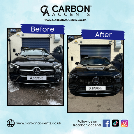 Two black Mercedes-Benz cars are parked outside. One image shows the car "Before" with a different grille design, and the other "After" with modifications. Text reads: "CARBON ACCENTS www.carbonaccents.co.uk Follow us on @carbon.accents."