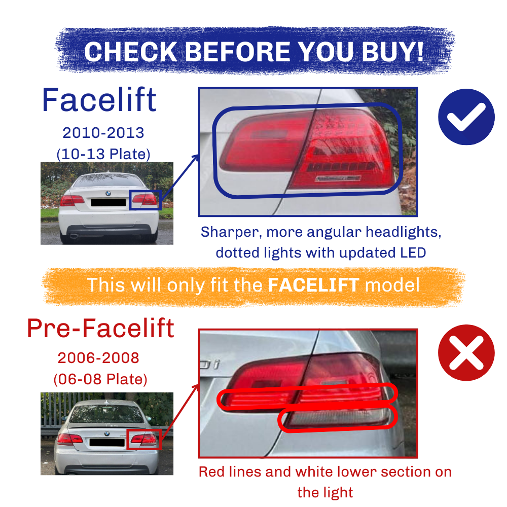Text: Facelift 2010-2013 (10-13 Plate) Sharper, more angular headlights, dotted lights with updated LED. This will only fit the FACELIFT model. Pre-Facelift 2006-2008 (06-08 Plate) Red lines and white lower section on the light."
Description: Tail lights comparison; "Facelift" model has sharper, angular lights with LEDs, while "Pre-Facelift" features red lines and white lower sections.