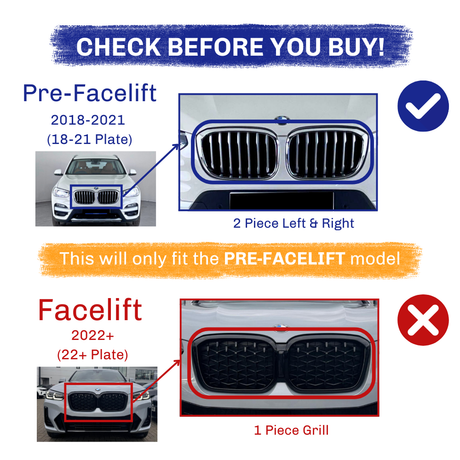 The image highlights two car grills: a pre-facelift (2018-2021) with a two-piece design and a facelift (2022+) with a one-piece design. Text reads:  This will only fit the PRE-FACELIFT model."