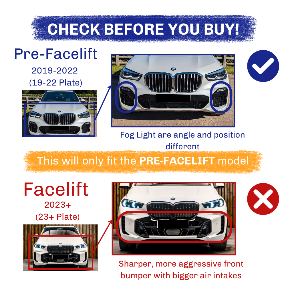 A car comparison image warns to check before buying, highlighting two models: "Pre-Facelift" (2019-2022) with fog light differences, and "Facelift" (2023+) with sharper bumpers. "This will only fit the PRE-FACELIFT model" is noted.